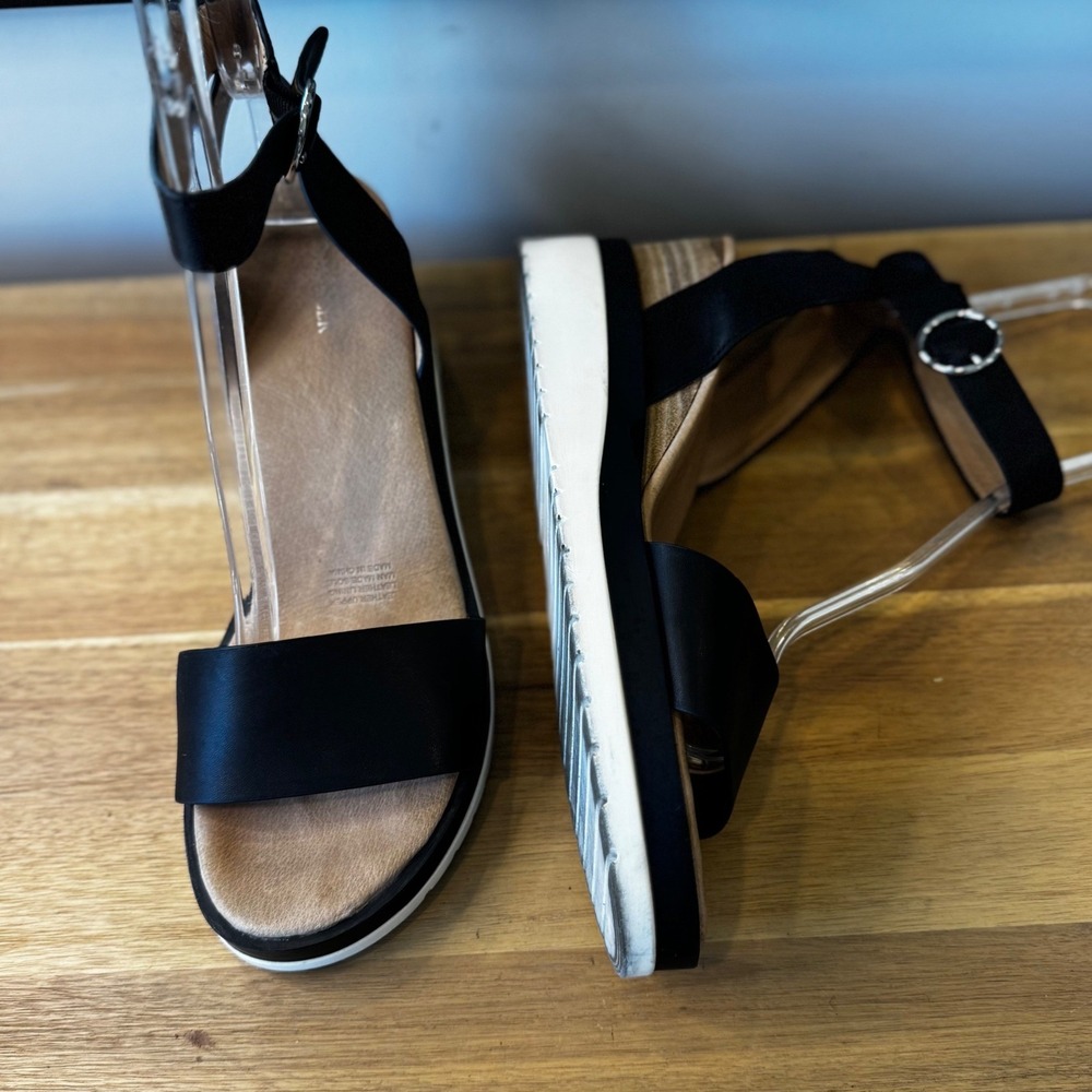 Jo Mercer Women 11 EU 42 Black Leather Wedge Heel Sandals Ankle Strap White Sole - Picture 16 of 16